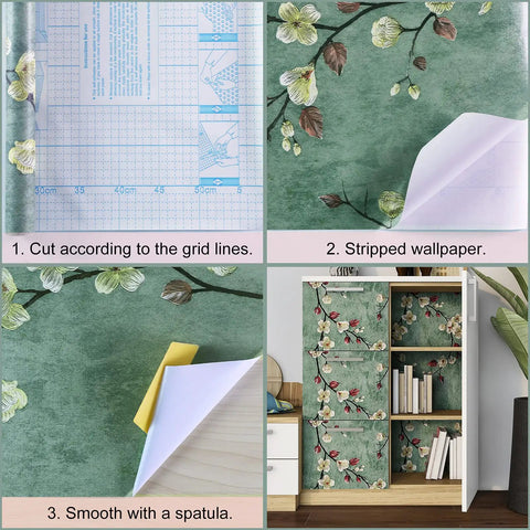 Floral Peel And Stick Wallpaper With Apricot Flowers On Dark Green Background Easy Peel And Stick Self Adhesive Removable Wall Covering Vinyl Roll 17.7 In By 197 In For Walls Cabinets Shelves And Drawer Liners installation guide.