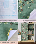 Four-step installation of Floral Tree Peel and Stick Wallpaper Self Adhesive Removable Wall Covering For Walls, Shelves, And Drawers.
