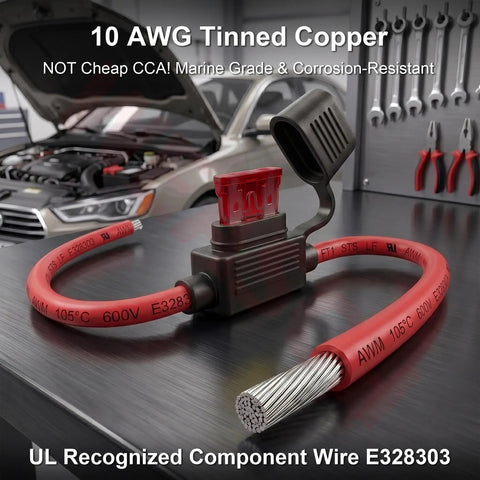 Heavy Duty 10 AWG Inline Fuse Holder 4 Pack 12 Volt Blade Type ATC APC Weatherproof with tinned copper wire for auto marine use.