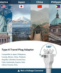 Type A travel plug adapter with 180-degree rotation, compatible with multiple countries, shown with landmarks from America, Japan, China, and Philippines.