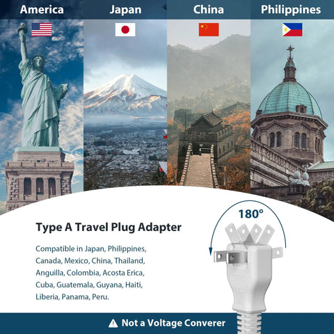 Type A travel plug adapter with 180-degree rotation, compatible with multiple countries, shown with landmarks from America, Japan, China, and Philippines.