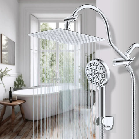 All Metal CUPC Certified Shower Head Combo With 10 Inch Rainfall Head And Handheld Sprayer, shown in elegant bathroom setting