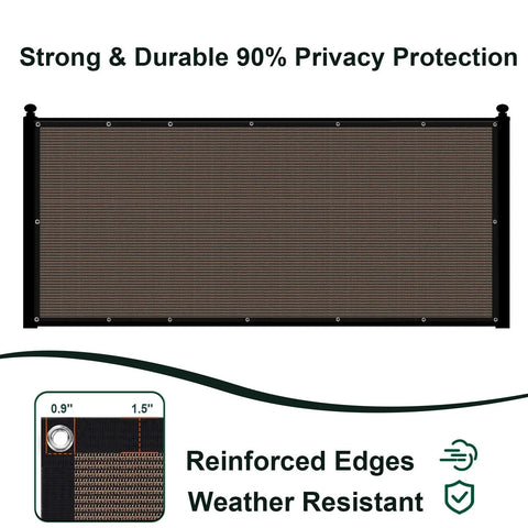 Privacy Fence Screen For Patio And Backyard 6X50 Ft Heavy Duty Mesh Net Cover With Grommets Brown 3 To 8 Ft Tall Wind Resistant Shade Screen For Outdoor Privacy Dust Reduction displayed on a frame with details about reinforced edges