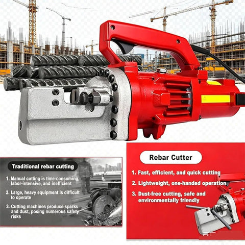 Powerful 1250W Electric Hydraulic Rebar Cutter with a red and silver design, ideal for cutting iron rods 4-20mm at construction sites.