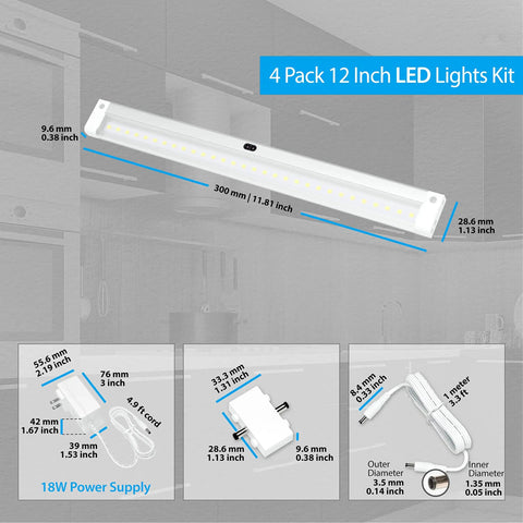 Diagram showing components of Hand Wave Activated Under Cabinet LED Lighting Kit 4 Pack 12 Inch Dimmable White Under Counter Lights.