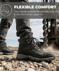 Man wearing Waterproof Steel Toe Work Boots For Men Paladin-Steel, Slip Resistant Safety Boots, Industrial Grade Black Leather, Size 8.5, Built Tough For Wet Weather And Heavy Duty Jobs, All Day Comfort on rocky terrain.