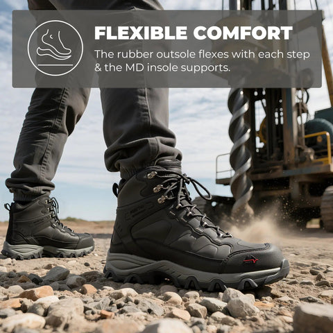 Man wearing Waterproof Steel Toe Work Boots For Men Paladin-Steel, Slip Resistant Safety Boots, Industrial Grade Black Leather, Size 8.5, Built Tough For Wet Weather And Heavy Duty Jobs, All Day Comfort on rocky terrain.
