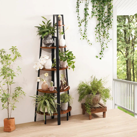 Deadly Solid 5 Tier Corner Bookcase With Heavy Steel Frame And Thick Rustic Wood Shelves showcasing plants in a bright corner setting.