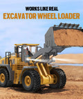 Metal RC Wheel Loader Toy With Realistic Lights And Sounds lifting dirt, 1 to 20 scale, remote control construction vehicle for kids.