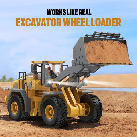 Metal RC Wheel Loader Toy With Realistic Lights And Sounds lifting dirt, 1 to 20 scale, remote control construction vehicle for kids.