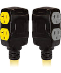 Close-up of plug ends for Heavy Duty 25 Foot Generator Extension Cord From L14-30P To Four 5-20R, featuring dual outlets.