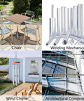 Collage of uses for 6061 Aluminum Round Tubing: outdoor furniture, welding mechanical parts, wind chimes, architectural components.