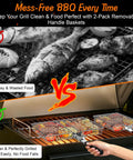 Two Piece Outdoor Grill Basket Set With Removable Wooden Handles showing clean grilling vs messy traditional grilling.