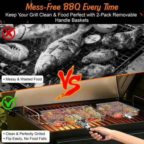 Two Piece Outdoor Grill Basket Set With Removable Wooden Handles showing clean grilling vs messy traditional grilling.