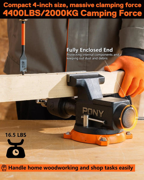 Beefed Up Heavy Duty 4 Inch Bench Vise With 4400 Lbs Clamping Power, 360 Degree Rotating Base And Anvil, 4 Inch Jaw Opening
