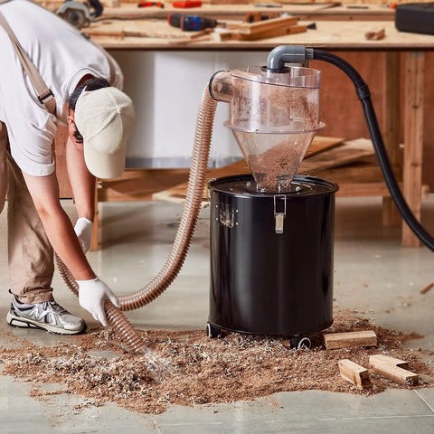 Cyclone Dust Separator With Metal Tank For Dust Collectors 4 Inch Retrofit Cyclone ABS Body in use collecting wood dust