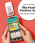 Hands holding a smartphone with the Funk Factory app, next to Before You Go Pocket Toilet Spray 3 Pack Essential Oils bottle.