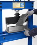 Heavy Duty 12 Inch Press Brake Attachment For 12/20 Ton Hydraulic Shop Presses in action, demonstrating metal bending.