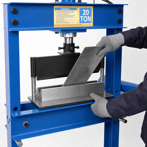 Heavy Duty 12 Inch Press Brake Attachment For 12/20 Ton Hydraulic Shop Presses in action, demonstrating metal bending.