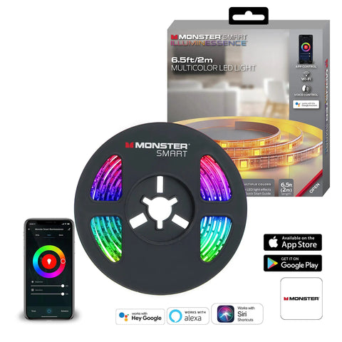Smart Multicolor LED Light Strip 6.5 Feet With App Control And Dimmable Color Changing Lighting shown with packaging and app