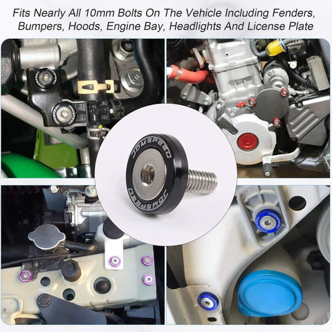Black CNC Billet Aluminum Fender Washer Set 20 Pcs Engine Bay Dress Up Kit For Honda 10mm Bolt Holes 18mm Washer Diameter M6x20mm Bolts Lightweight Aluminum shown installed in engine bay.