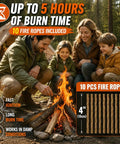Family by campfire using 34 Piece Fire Starter Survival Kit With Three Ferro Rods And Striker Tinder Includes 20 Waterproof Tinder Balls And 10 Water Resistant Fire Ropes For Quick Sparks Fast Easy Flames And Reliable Outdoor Fire Making, showing fire ropes.