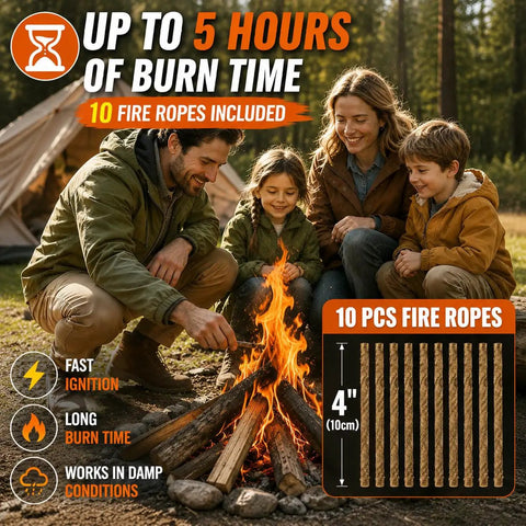 Family by campfire using 34 Piece Fire Starter Survival Kit With Three Ferro Rods And Striker Tinder Includes 20 Waterproof Tinder Balls And 10 Water Resistant Fire Ropes For Quick Sparks Fast Easy Flames And Reliable Outdoor Fire Making, showing fire ropes.