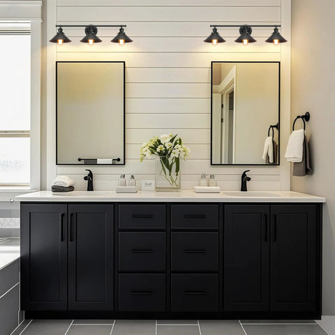 Upgrade 32 Inch Black Bathroom Light Fixture With 3 Light Vanity Lights Dope Rustic Matte Black Farmhouse Style above dual mirrors.