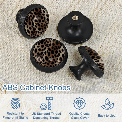 Sleek Leopard Print Round Cabinet Knobs 4 Pack Black Drawer Pulls with ABS and Crystal Glass Accents