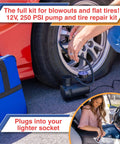 Person using Ultimate Car Emergency Kit With Air Compressor And Heavy Duty Jumper Cables First Aid Tow Strap Tire Gauge And Headlamp Roadside Safety Kit For Women Men And Teens Ready For Any Breakdown to inflate tire