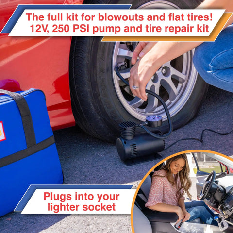 Person using Ultimate Car Emergency Kit With Air Compressor And Heavy Duty Jumper Cables First Aid Tow Strap Tire Gauge And Headlamp Roadside Safety Kit For Women Men And Teens Ready For Any Breakdown to inflate tire