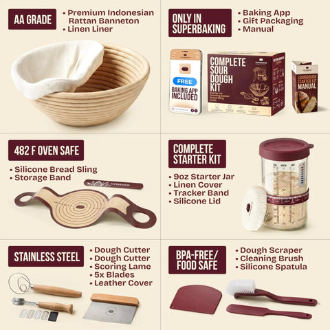 All In One Sourdough Starter Kit with 9 inch splinter free Banneton basket, glass starter jar, silicone sling, lame and whisk tools