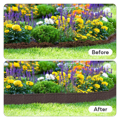 Before and after of garden with Interlocking No Dig Garden Edging Border Kit For Lawns And Flower Beds 30 Pack 30 Ft Easy Install.