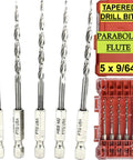 Five Piece Parabolic Flute Drill Bit Set for Wood in Nine Sixty Four Inch Size, Includes Number Six Tapered Countersink Bits, HSS M2 Grade 6542, Stored in Durable Plastic Case, Replacement for Countersink Bit Set by FTG USA.