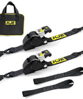 Retractable Ratchet Straps Set 2 Pack 2 Inch By 10 Foot Automatic Tie Down Straps With 2 Soft Loops Heavy Duty 3300 Pound Break Strength S Hook With Clip Self Retracting Strap For Motorcycle Kayak And ATVs Storage Bag Included displayed with storage bag.