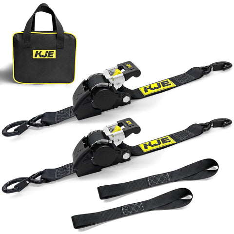 Retractable Ratchet Straps Set 2 Pack 2 Inch By 10 Foot Automatic Tie Down Straps With 2 Soft Loops Heavy Duty 3300 Pound Break Strength S Hook With Clip Self Retracting Strap For Motorcycle Kayak And ATVs Storage Bag Included displayed with storage bag.