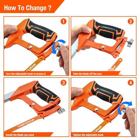 Instructions for changing blade on Frame Hack Saw With 12 Inch Blade For Gardeners And DIY Pros, showing four steps