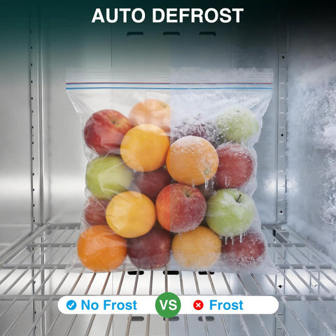 Auto defrost comparison showing a bag of fruits in a Top Shelf Commercial Reach In Refrigerator 35 Cu Ft Ice Cold Upright Fridge.