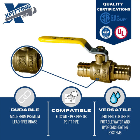10 Pack PEX Barb 1 Inch Ball Valve With Yellow Handle, Full Port Brass Ball Valve For PEX Tubing, Easy On Off Flow Control image