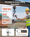 VEVOR manual lever chain hoist installed on a crane, 1/2-ton capacity, 5 ft alloy steel chain, dual pawl brake