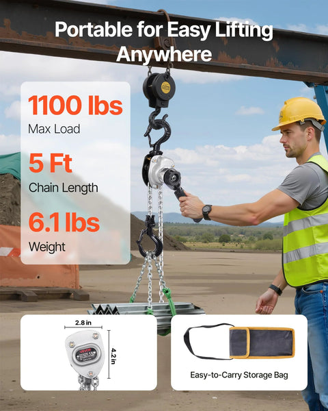 VEVOR manual lever chain hoist installed on a crane, 1/2-ton capacity, 5 ft alloy steel chain, dual pawl brake