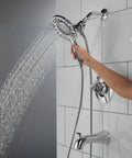 Arvo 14 Series Chrome Bathtub Shower Faucet Set With In2ition 2 In 1 Dual Shower Head And Handheld Spray Combo in use