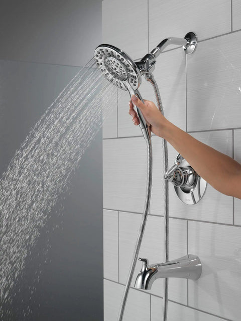 Arvo 14 Series Chrome Bathtub Shower Faucet Set With In2ition 2 In 1 Dual Shower Head And Handheld Spray Combo in use