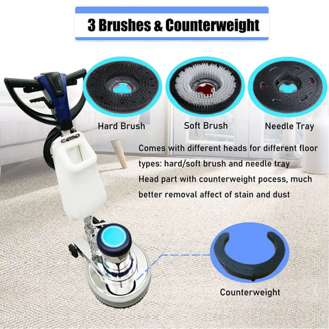 Beast Mode Commercial Floor Cleaning Machine with 18 Inch Head, showing three interchangeable brushes and counterweight.