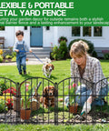 Easy No Dig Garden Fence Kit With 10 Arched Panels in yard with woman and child, rustproof metal, 17 inch high x 12.5 inch wide.