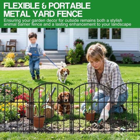 Easy No Dig Garden Fence Kit With 10 Arched Panels in yard with woman and child, rustproof metal, 17 inch high x 12.5 inch wide.