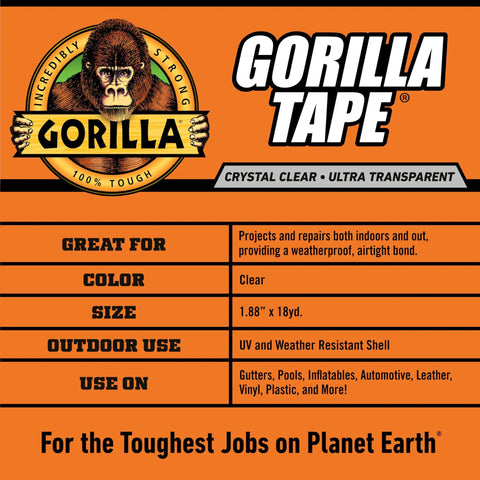 Crystal Clear Heavy Duty Tough As Nails Duct Tape Repair Tape 1.88 Inch By 9 Yard Roll Weatherproof label with Gorilla logo