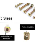 Five sizes of bolts with hex sockets and Phillips-slotted drives from the 1/4-20 Zinc Plated Hex Socket Cap Bolts And Barrel Nuts Assortment Kit.