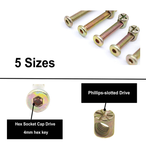 Five sizes of bolts with hex sockets and Phillips-slotted drives from the 1/4-20 Zinc Plated Hex Socket Cap Bolts And Barrel Nuts Assortment Kit.