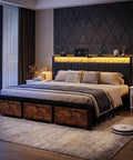 Sturdy King Size Platform Bed Frame With Handy Storage Headboard And Three Silent Glide Roll Away Drawers in modern bedroom.
